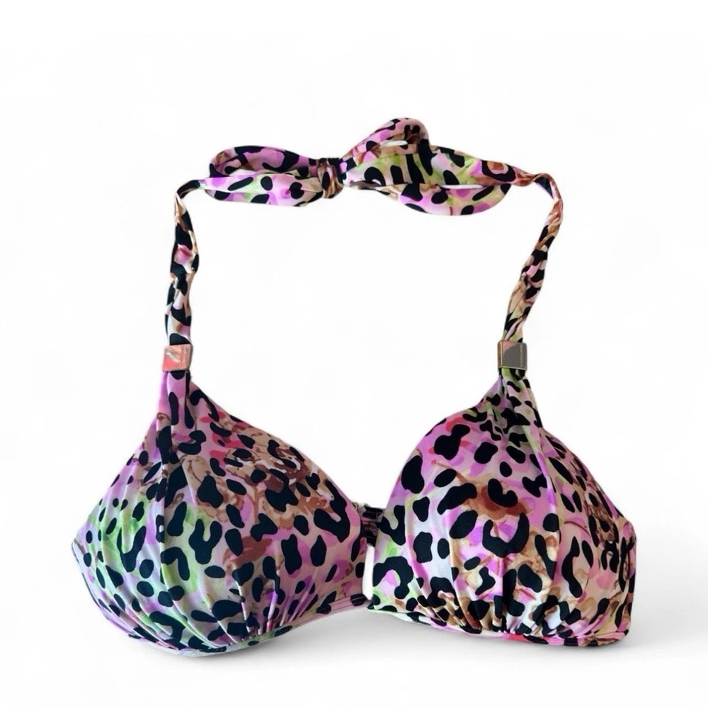 VICTORIA'S SECRET Push Up Leopard Print Pink String Bikini Top Adjustable Sz Lg